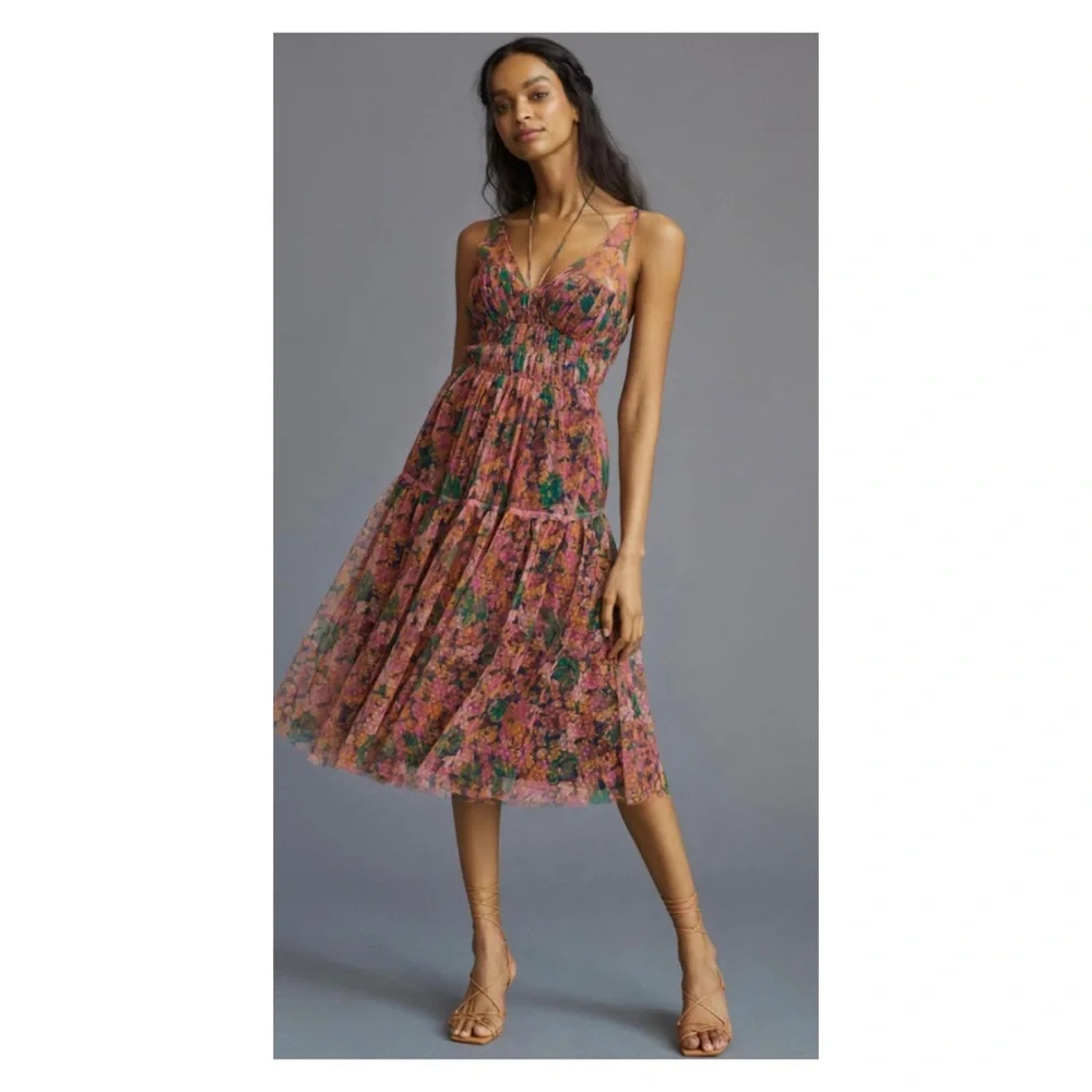 NWT Anthropologie Halter Mesh Midi Dress in Pink Combo  Size Small